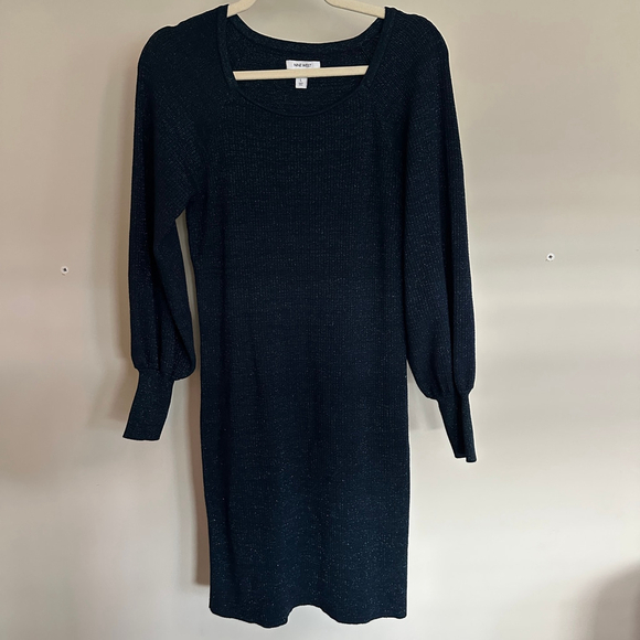 Women's Nine West Sweater Dress Puffy Sleeves Size L Blue metallic Night Out - Picture 4 of 6